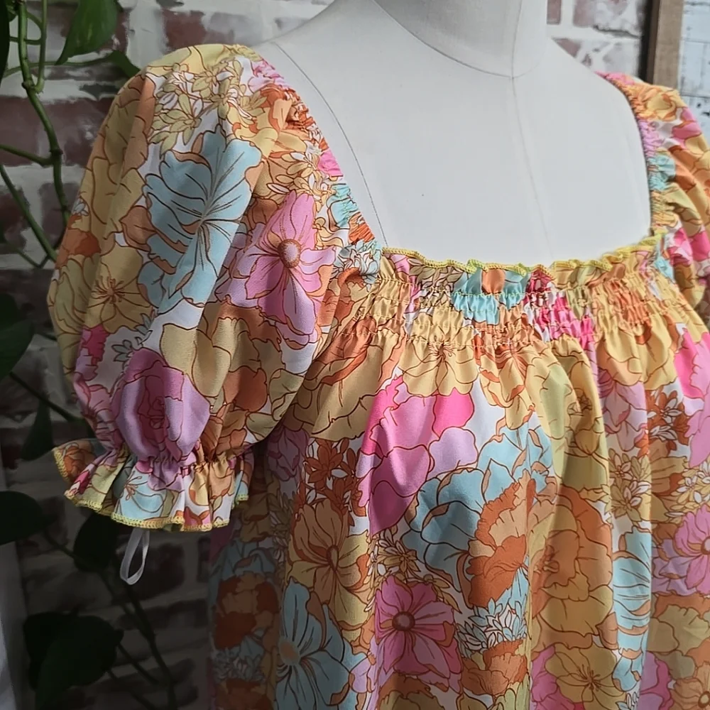 Shein womens slip dress sz xs multi color floral print puff short sleeves - Picture 2 of 3